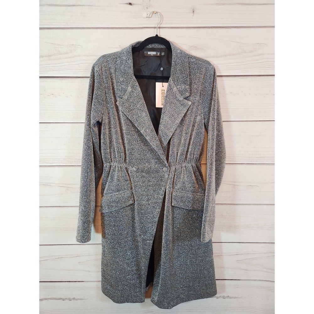 Missguided Womens 10 Silver Blazer Dress Tall Double Button Sparkle Metallic